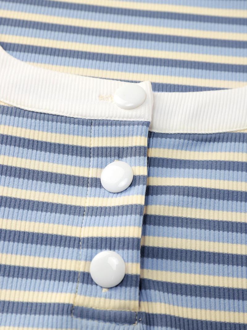 Product Introduction of YOZY Women's Striped Patchwork Print Button Ribbed Tee, Casual 3/4 Sleeve Square Neck T-Shirt for Spring & Fall, Women's Top for Daily Wear 6