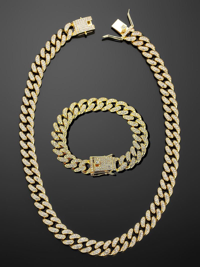 Product Introduction of Rhinestone Decorated Cuban Chain Necklace & Bracelet, Fashion Jewelry for Party, Daily Clothing Decor, Trendy All-match & Exquisite Jewelry for Birthday Gift 6