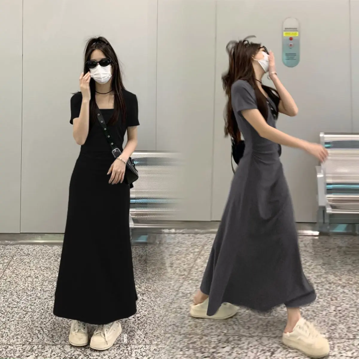 Summer casual fashion solid color square neck long skirt, Korean version design pleat put away waist bag hip skirt, retro elegant wind black short sleeved dress