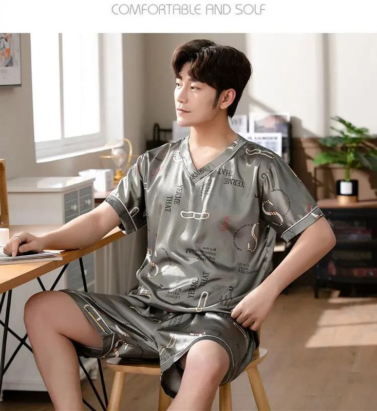 Product Introduction of Men's Pajamas Summer Fashion V-Neck Thin Ice Silk Short-Sleeved Shorts Nightie Two Piece 2024 New Boys Casual Sleepwear Nightie 15