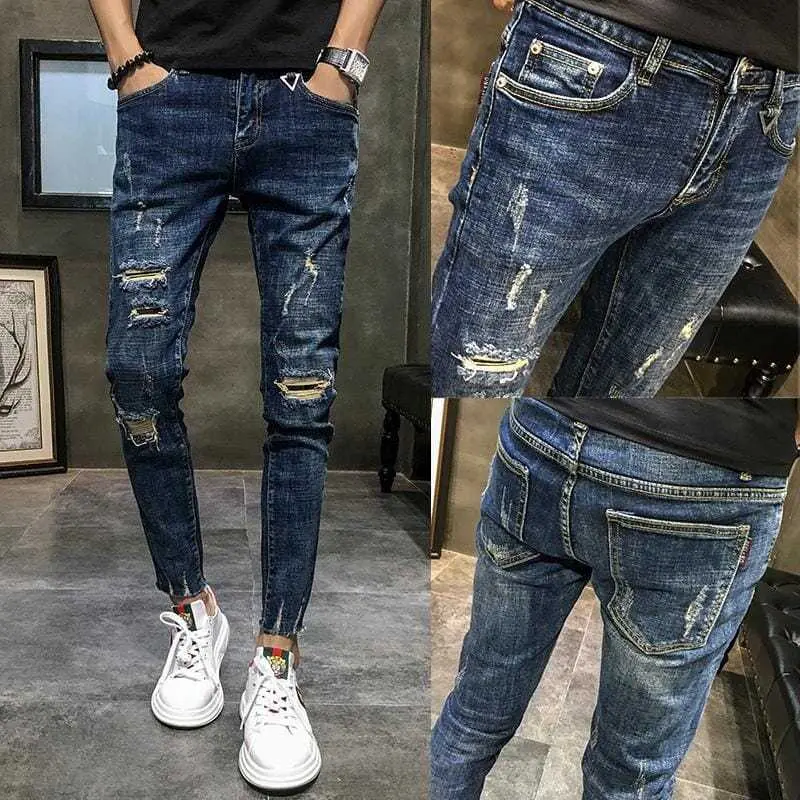 Summer Boys Pants Hole & Patch Jeans Men's Fashion Brand Korean Fashion All-Match Cropped Pants Slim Fit Skinny Pants