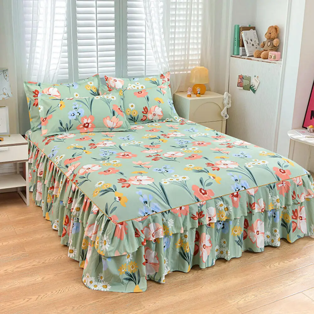 Korean version cartoon single Simmons anti slip protective double cover bilateral bed skirt three piece set