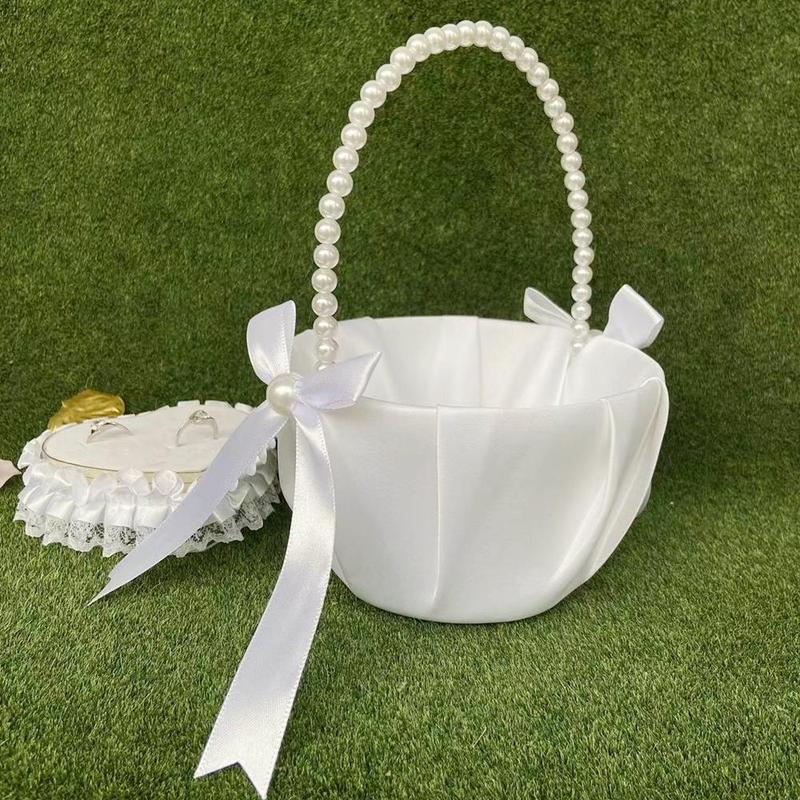 Product Introduction of Wedding Flower Basket, 1 Count Exquisite Faux Pearl Handle Flower Basket, Wedding Party Decoration Supplies for Indoor & Outdoor 9