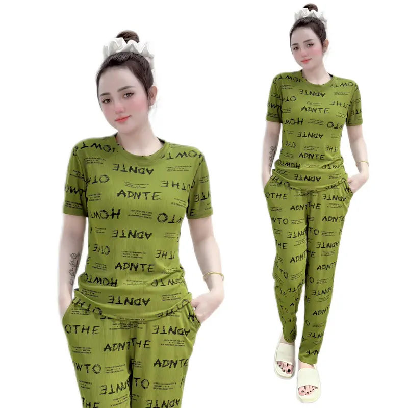 set đồ bộ thun gân quần BAGGY, áo form ngắn cổ tròn tay ngắn mặc nhà.  Phù hợp mọi độ tuổi nhiều màu 3