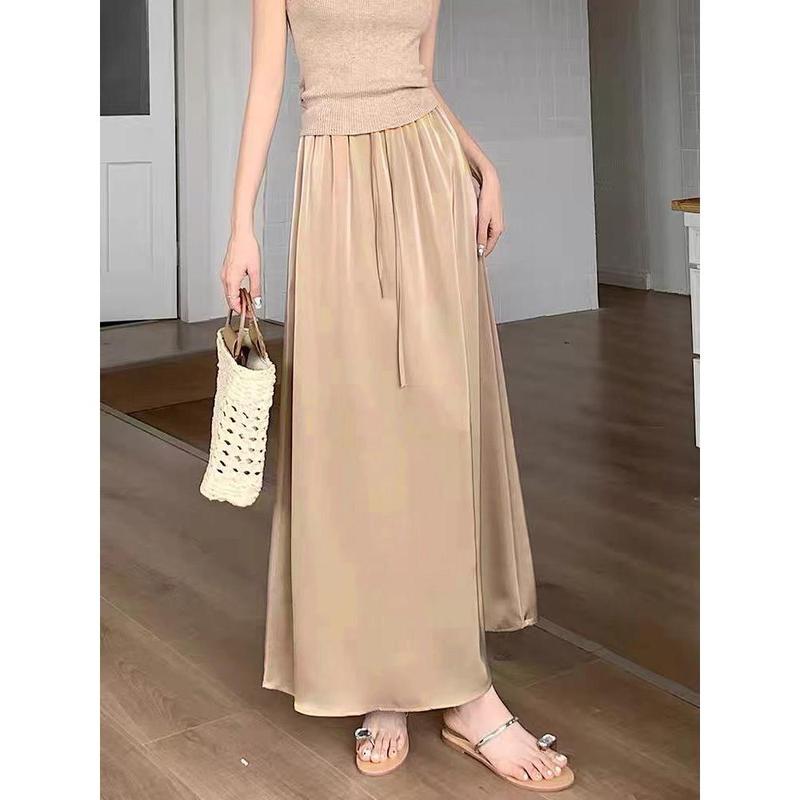 Chân Váy Maxi, Chất Liệu Acetate Và Lụa Lạnh Satin, Váy Hẹp Mùa Hè, Cạp Cao, Thiết Kế Mới, Bó Sát, Xếp Ly, Thanh Lịch, Váy Ô xòe Lớn 2