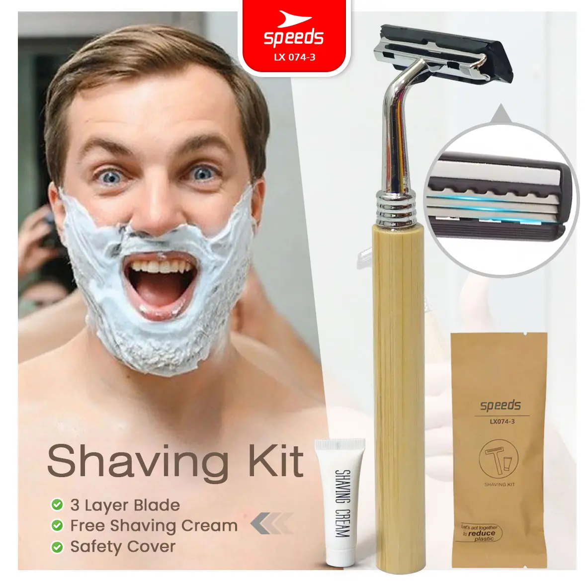 SPEEDS Shaving Kit Hotel 3 Mata Pisau Cukur Shaving Praktis Cream Alat Jenggot Kumis Cukur 074-3