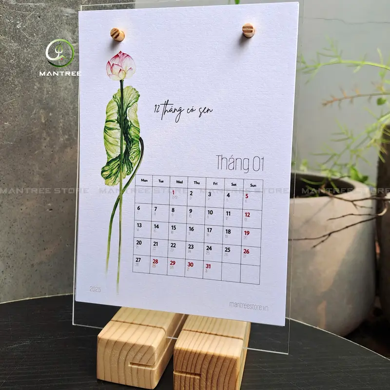 Lịch Để Bàn Nghệ Thuật 2025 Đế Gỗ Sáng Tạo - Chủ Đề 12 Tháng Có Sen 5