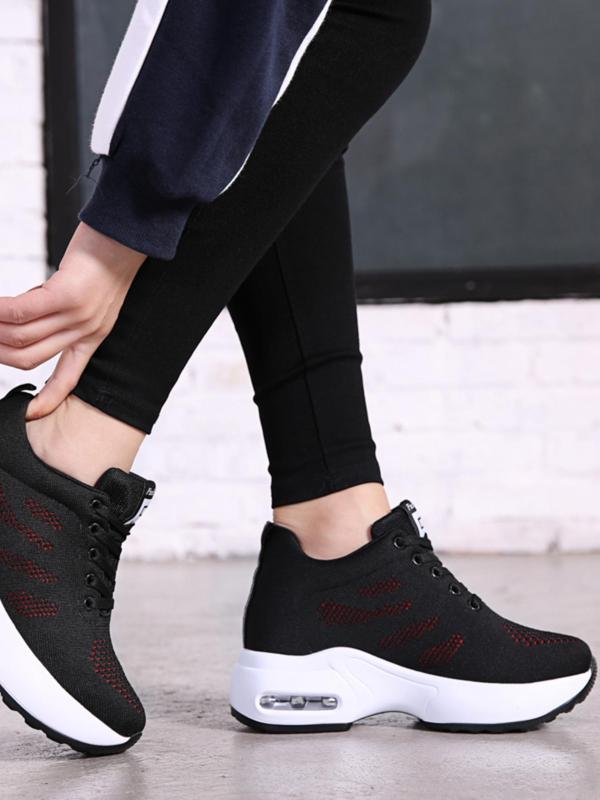 Women's Simple Design Plain Lace Up Round Toe Wedge Sneakers, Girl Casual Comfortable Letter Label Decor Wedge Trainers for Daily Footwear, Girlfriend Gifts 8