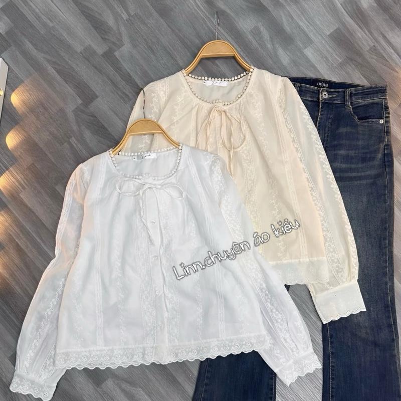 Áo Baby Doll Nữ tiểu thư tay dài.vải Ren Dệt Kim phối ren hàng 2 lớp