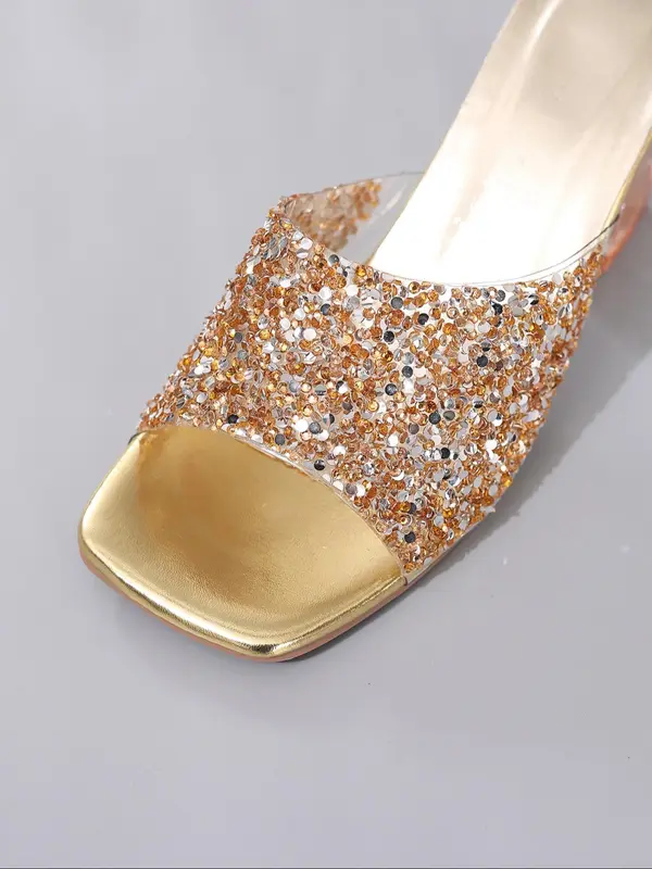 Women's Fashionable Glittering Chain Decorated Heeled Sandals, Elegant Square Toe Slip on Sandals for Summer, Lightweight Breathable Comfortable Shoes for Daily Wear, Girl 3