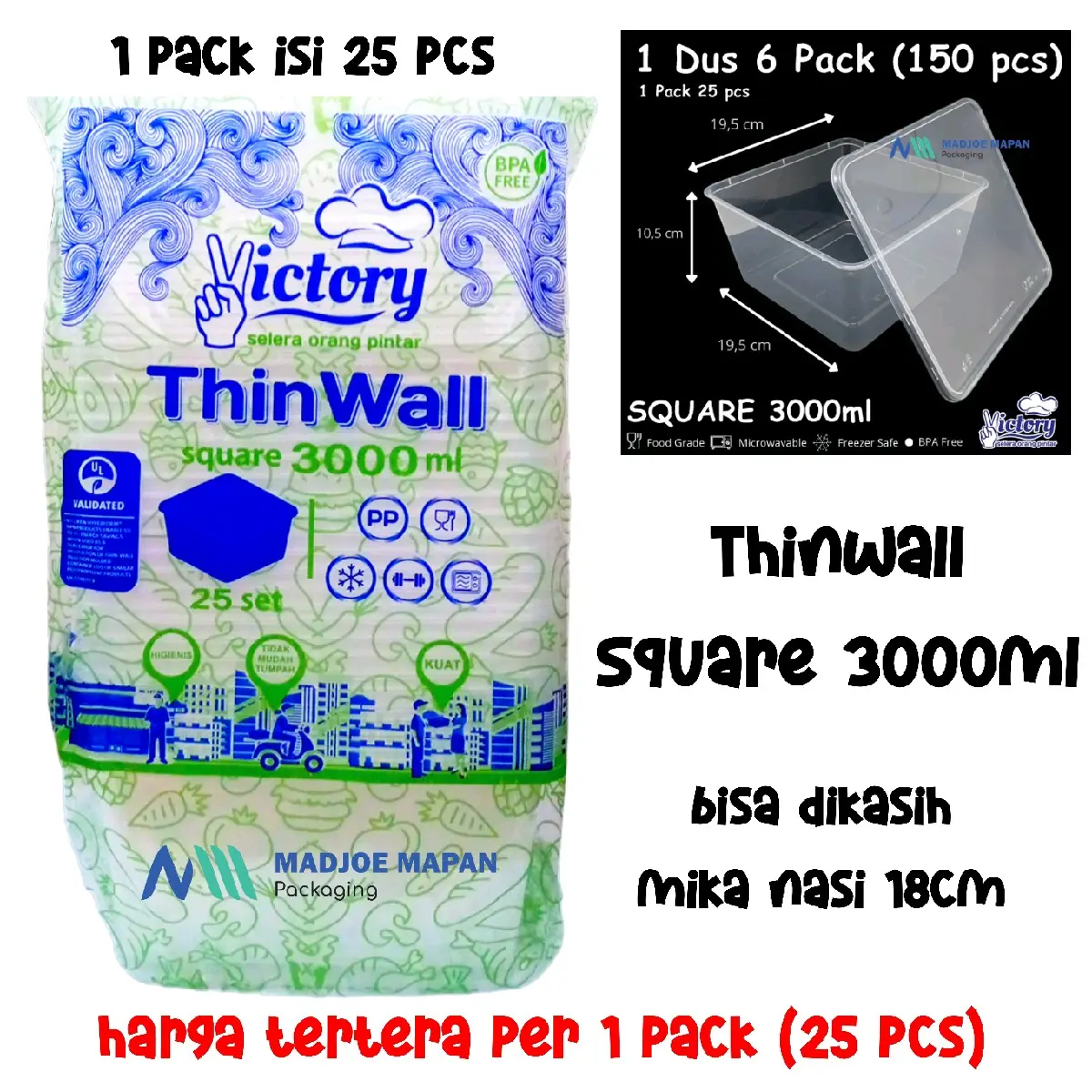 [25pcs] THINWALL SQUARE 3000ml VICTORY / KOKIKUU / TEPAK MAKAN / KOTAK MAKAN PLASTIK - sudah termasuk bubble wrap