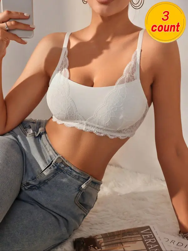 Women's Solid Floral Lace Wireless Bra, Adjustable Strap Sheer Backless Bra, Soft Comfy Breathable Lingerie for All Seasons 0