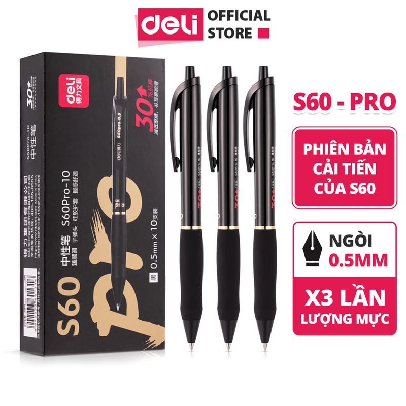Bút Gel S60 Pro Bấm Bi Nước Mực Gel Màu Đen Nhanh Khô Deli Thiết Kế Thông Minh Ngòi 0.5mm Dành Cho Văn Phòng Học Sinh