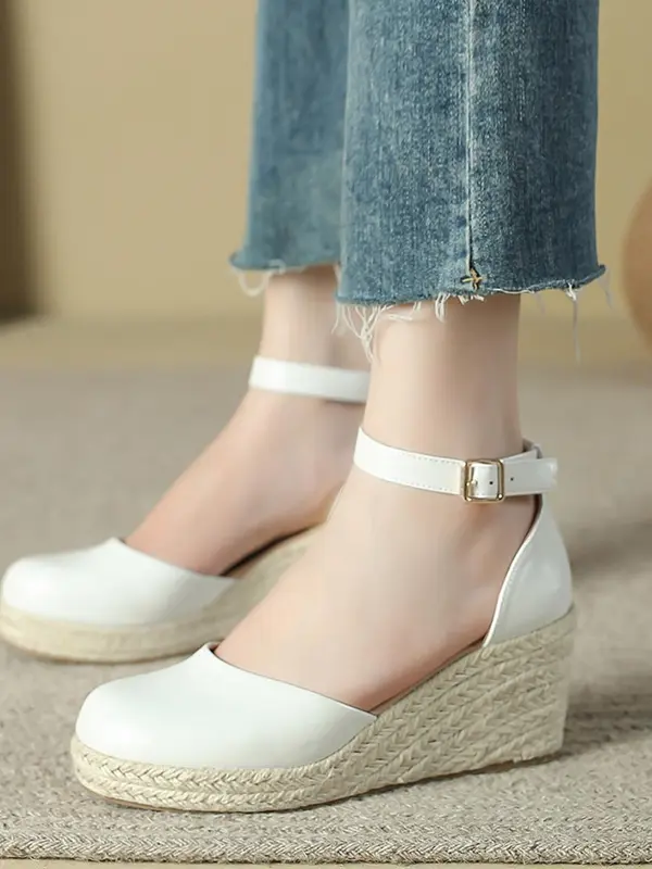 Women's Wedge Ankle Strap Sandals, Summer Outfits 2024 Boho Style Solid Color Wedge Platform Sandals for Beach Vacation, Wedge Heel Woven Shoes for Women & Girls 7