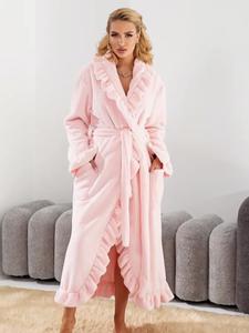 Women's Solid Color Flannel Bathrobe, Elegant Long Sleeve Wrap Robe, Women's Sleepwear for Fall & Winter, Casual Comfy Pajama, Soft Casual Fluffy Pajamas, Nightgown Sleepwear