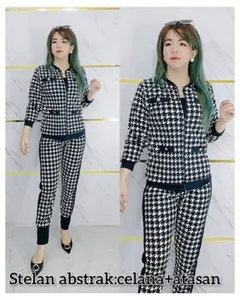 crt stl 019 setelan fashion resleting abstrack celana + atasan yimiefashion Baju Wanita Panjang Motif Dewasa Pendek Abstrak Katun Casual Remaja Kotak