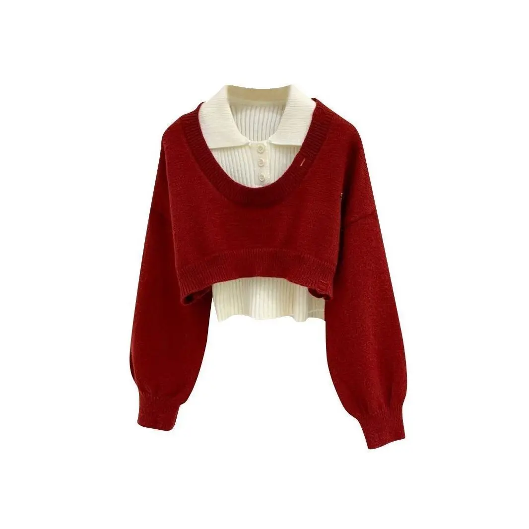 Vòng Cổ Polo, Phong Cách Hàn Quốc, Bộ Đồ Áo Vest Áo Chui Đầu Đồ Len Bộ Đồ Hai Mảnh, Mùa Thu Và Mùa Đông, Hàng Mới Về 2024, Áo Trên Nữ Women