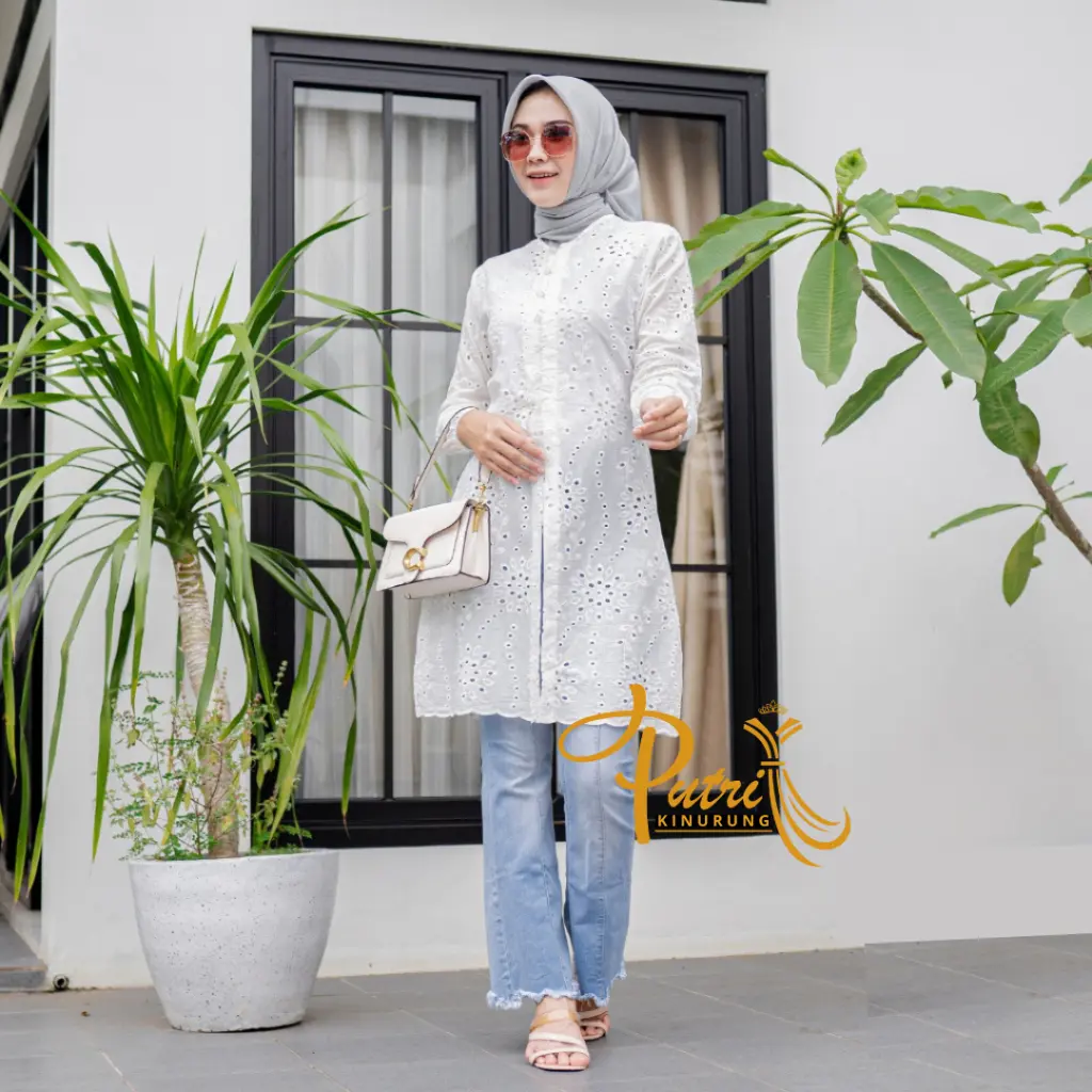 Chea Tunik Katun Bordir Premium Tunic Kondangan Lebaran Wanita Elegan Kekinian Mewah Cotton Bolong Atasan