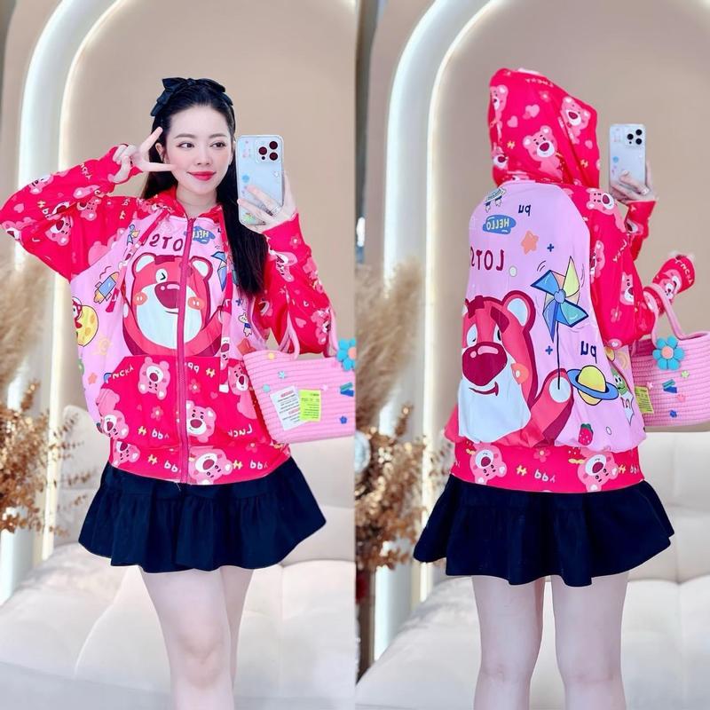 12-35kg áo khoác gấu dâu hồng cho bé gái thun da cá lạnh in hoạ tiết 3D cho bé gái mặc chống nắng mềm mịn thoải mái mặc mát