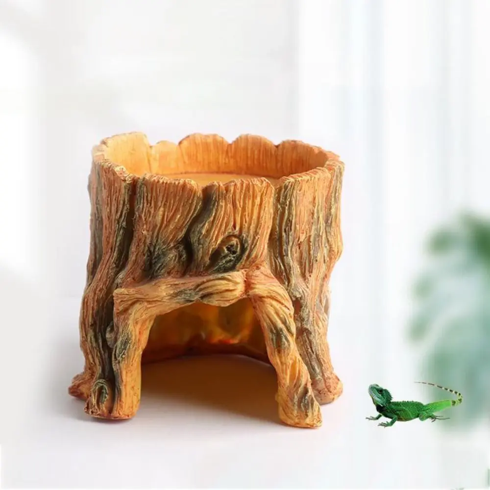 Practical Simulation Stump Reptiles Feeder Decorative Resin Reptiles Stump Decoration Reptile Feeding Bowl Lizard Hide Cave Terrarium Decoration