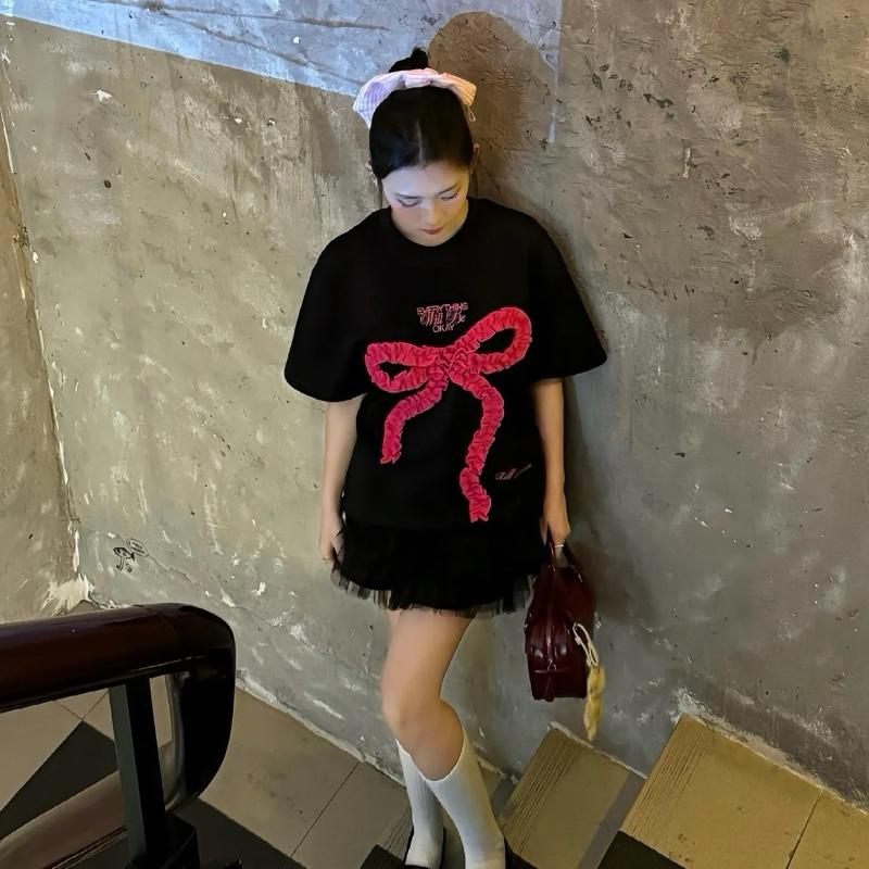 Áo thêu nơ rúm nổi phong cách Hàn quốc dễ thương 40-65kg nữ top women thun nỉ cổ tròn thun Hoodie 5