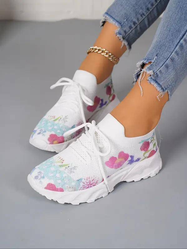 Women's Fashionable Floral Pattern Lace Up Low Top Sneakers, Casual Comfortable Breathable Sports Running Shoes, All-match Basic Shoes for Daily Wear 1