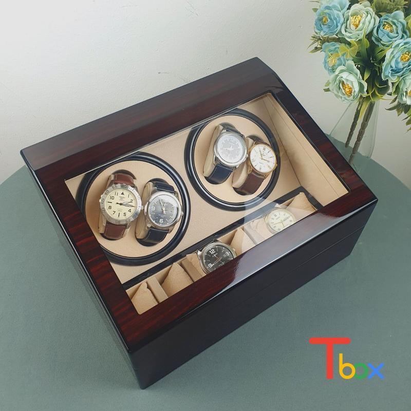 { BẢO HÀNH 2 NĂM } Hộp 4 xoay + 6 trưng bày lên cót đồng hồ cơ bằng gỗ sơn bóng - Màu đỏ cánh dán -Động cơ Mabuchi Nhật bản
