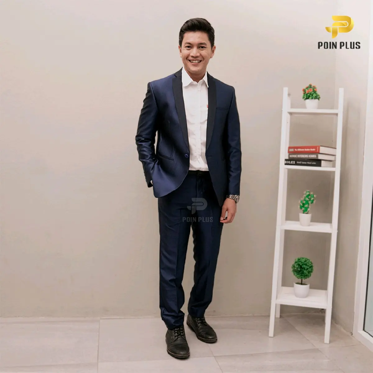 poin plus celana bahan slimfit mengkilat pria navy poinplus tebal panjang  kain  formal  casual  kerja  hitam  kantor Fit Muda