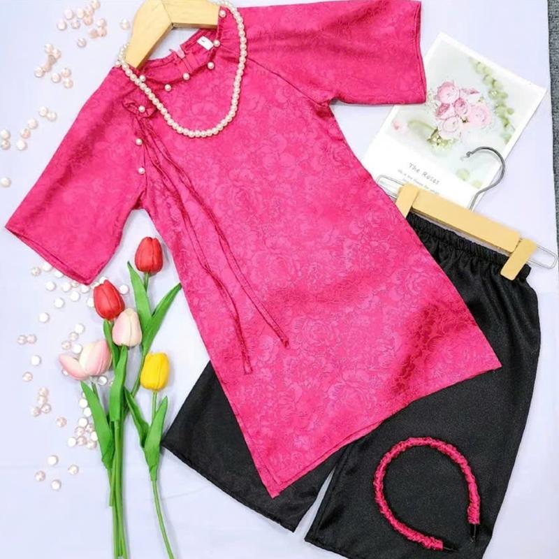  SET ÁO DÀI TẾT CỔ NGỌC TRAI NƠ 2026 cho bé gái sét áo dài chất vải gấm quần lụa mặc tết đi chơi DA01 - KIMSHOP  9-40kg  