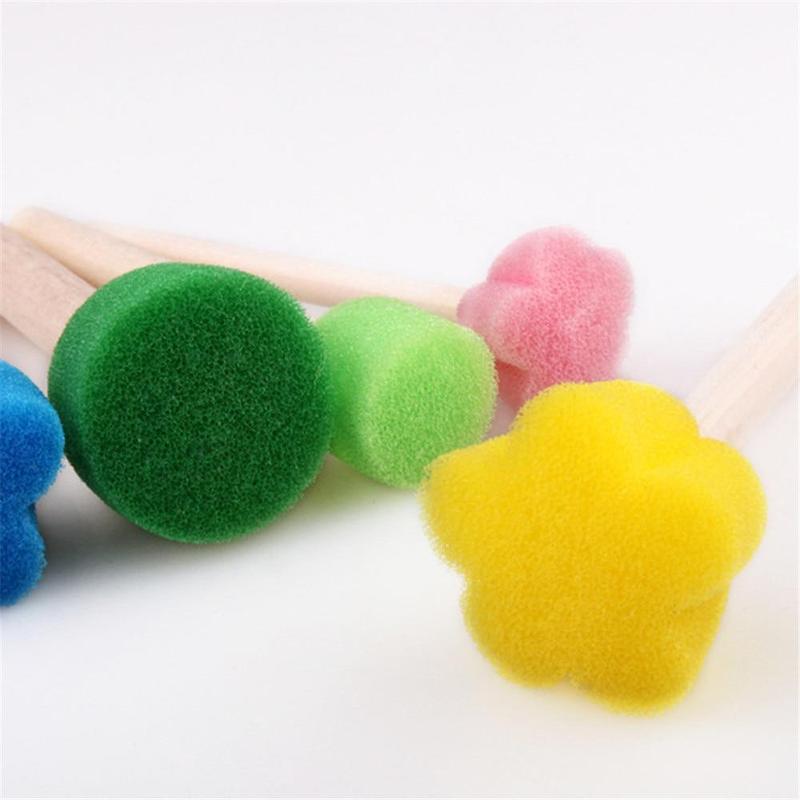 5pcs/set Random Color Kids Sponge Stamp Brush Kit, Paint Learning Sponge Brush, Print Pattern Brushes with Wooden Handle, Art Supplies, DIY Kit, Craft Supplies 3