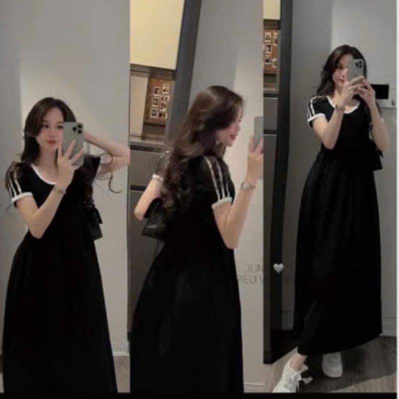 Đầm bầu cotton sọc thời trang cổ U sang chảnh