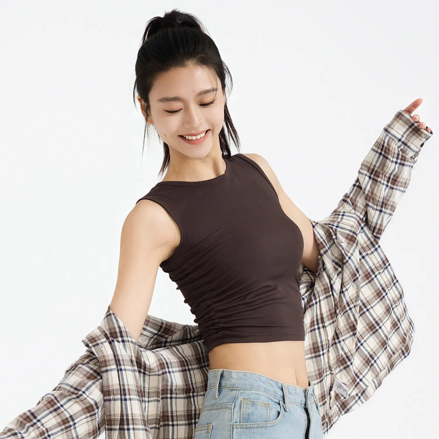 Summer new product, double-sided wrinkled ribbed sleeveless top, slim fit, waist cinching, sports yoga vest for women