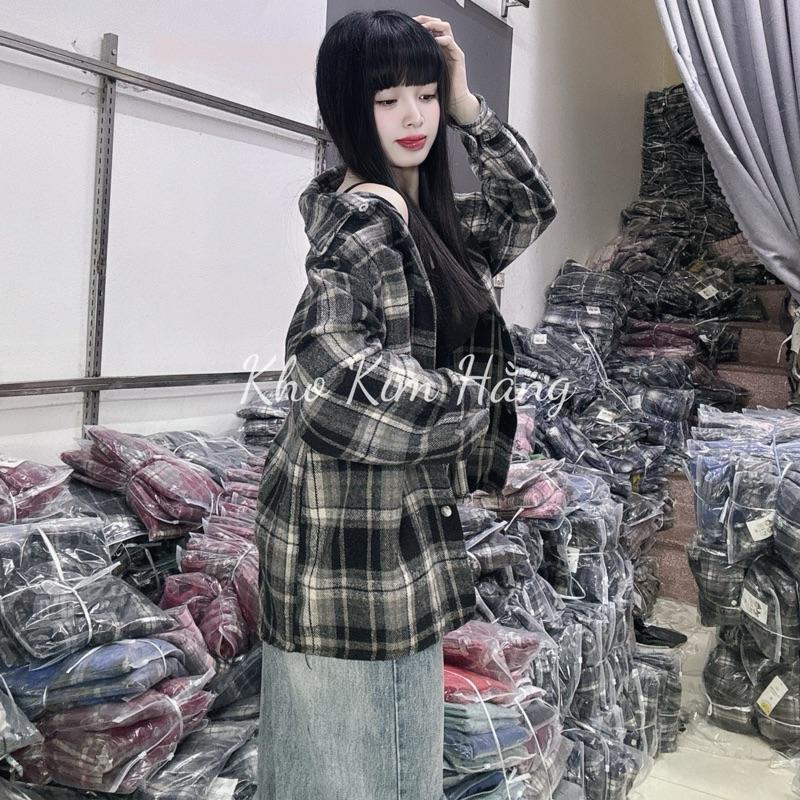 ( Không Mũ ) Áo Khoác Sơ Mi Dạ Kẻ Không Mũ -Áo Có Túi Trong Size 40Kg -90kg ( Nam + Nữ )