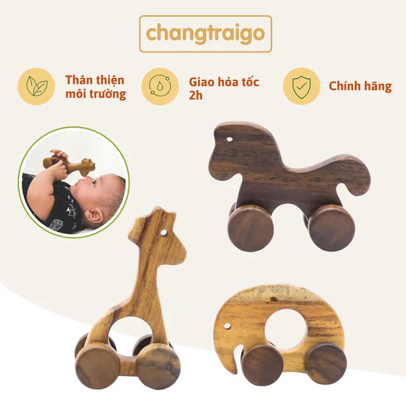 Thú Gỗ Động Vật Đồ Chơi Gỗ Cho Bé, 4 Bánh Xe Di Chuyển, Chất Liệu Gỗ Tự Nhiên Cao Cấp - Đồ Chơi Chàng Trai Gỗ 0