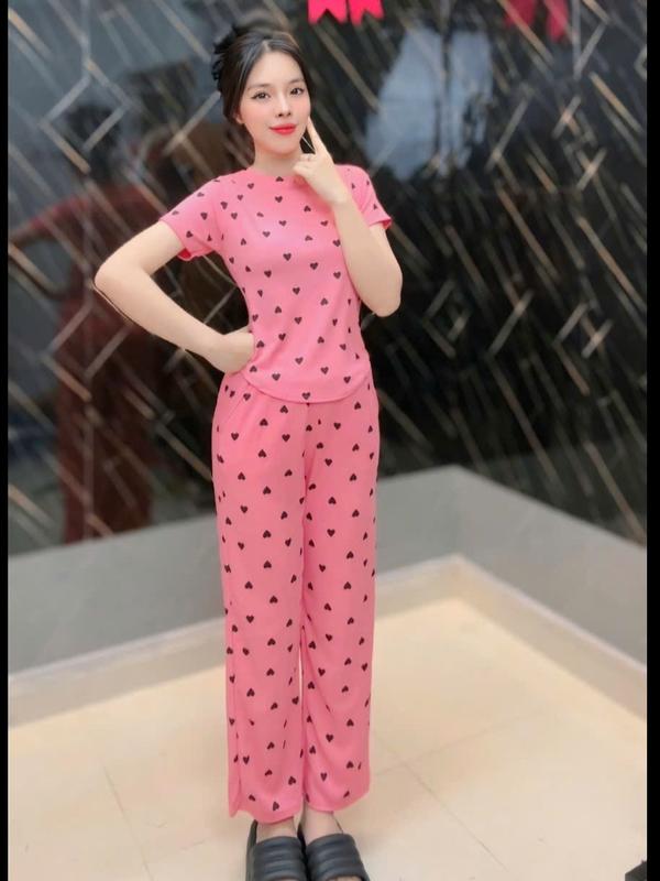 B-56 Bộ Thun Tăm In hình tim Áo cổ Tròn Nữ HOT HIT 3