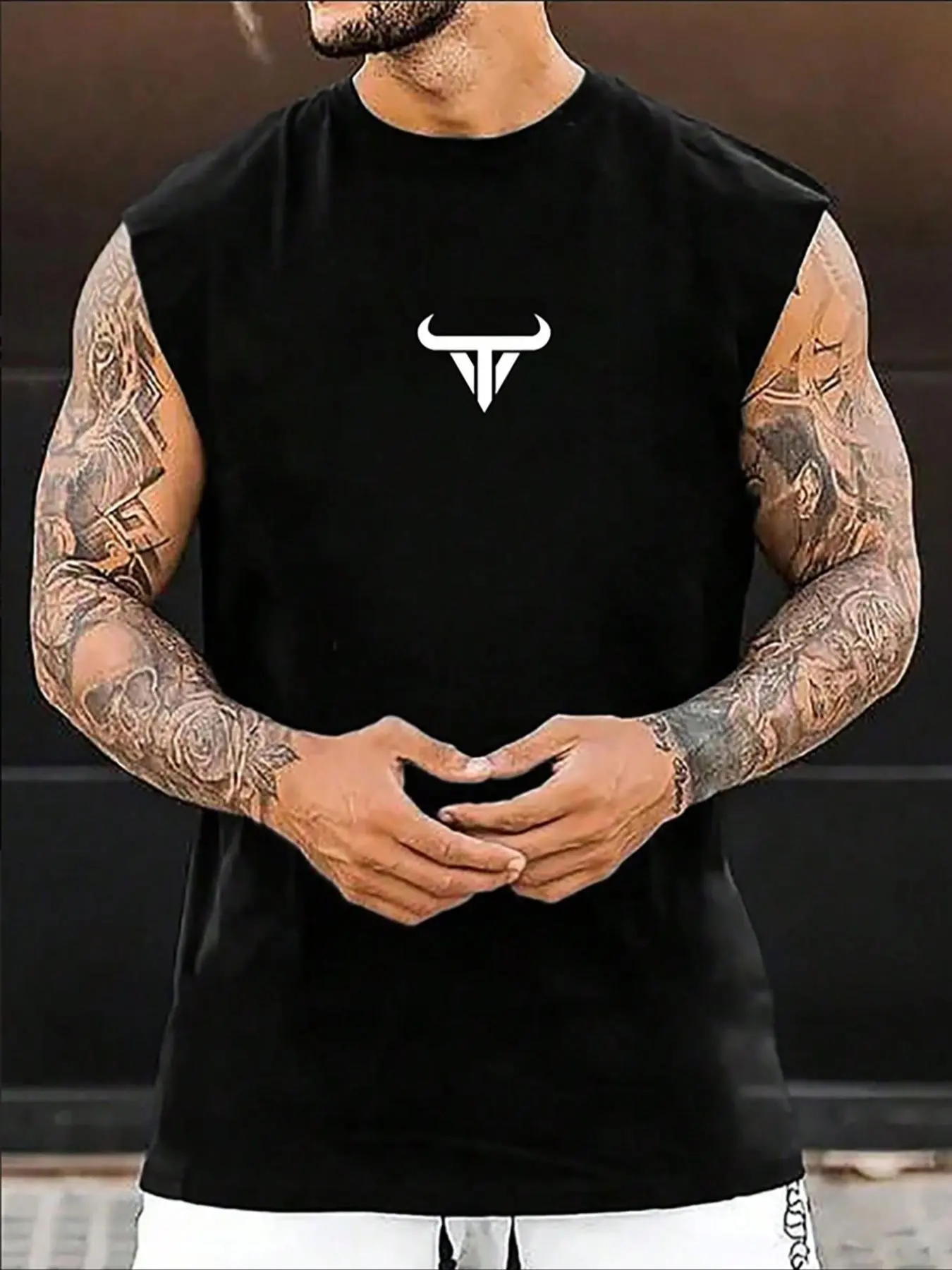 【Plus Size】 Men's Cartoon Bull Head Print Tank Top, Regular Fit Casual Sleeveless Round Neck Top for Summer, Men's Plus Size Clothes for Daily Wear, Vests, Clothing