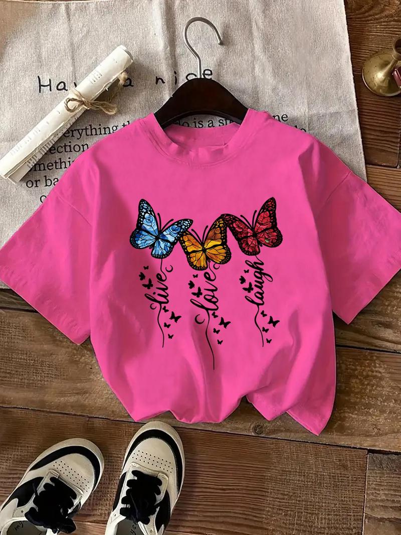 Product Introduction of Girl's Butterfly Print Round Neck Tee, Fashion Casual Crew Neck Short Sleeve T-shirt for Daily Outdoor Wear, Kids Clothing for Summer 1
