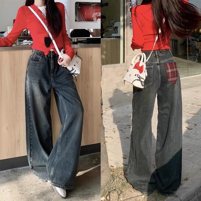 Quần jeans nữ ống suông phối túi sọc caro kiểu Q1450 dài 105cm