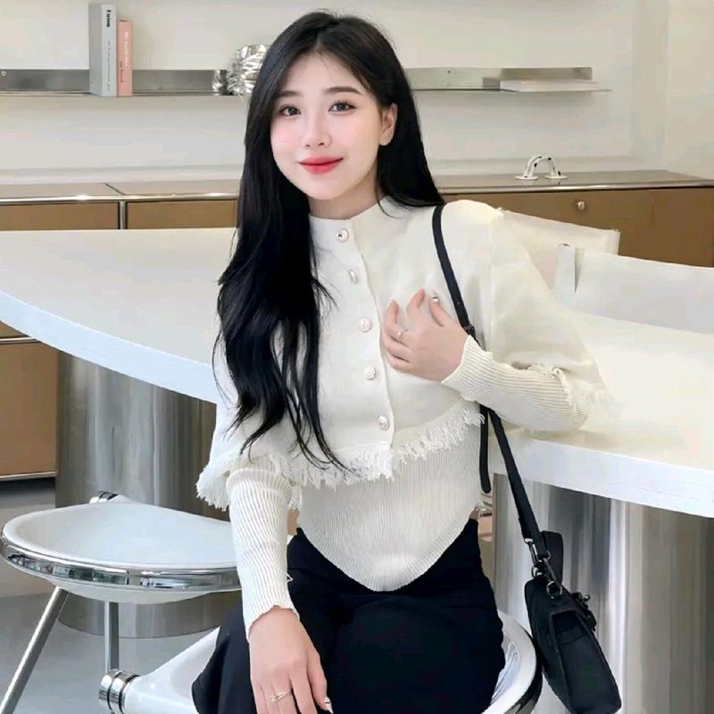 Gaeul store- set áo len tiểu thư áo cổ tim vạt nhọn mix choàng cài khuy tua rua Nữ