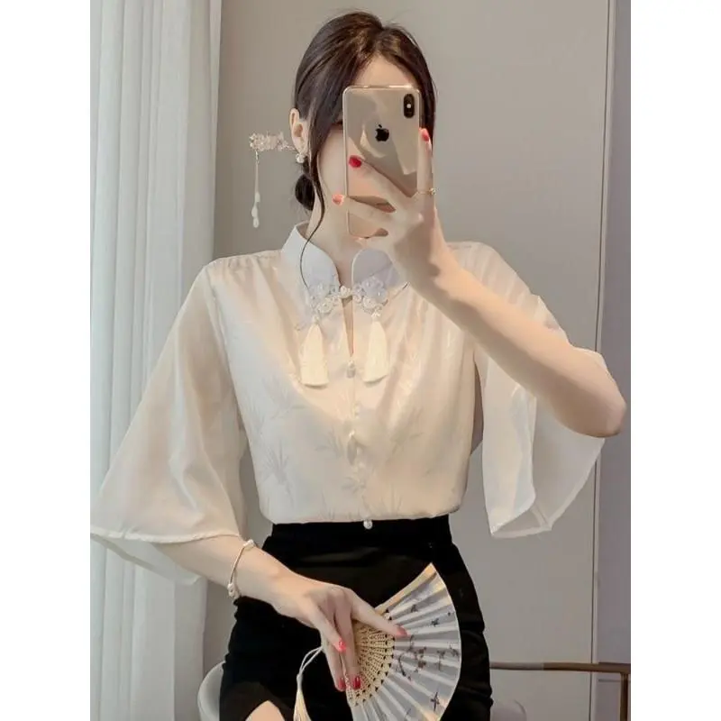 Áo Sơ Mi Ngắn Tay Vải Jacquard, Phong Cách Trung Quốc Mới, Áo Sơ Mi Nữ, VN