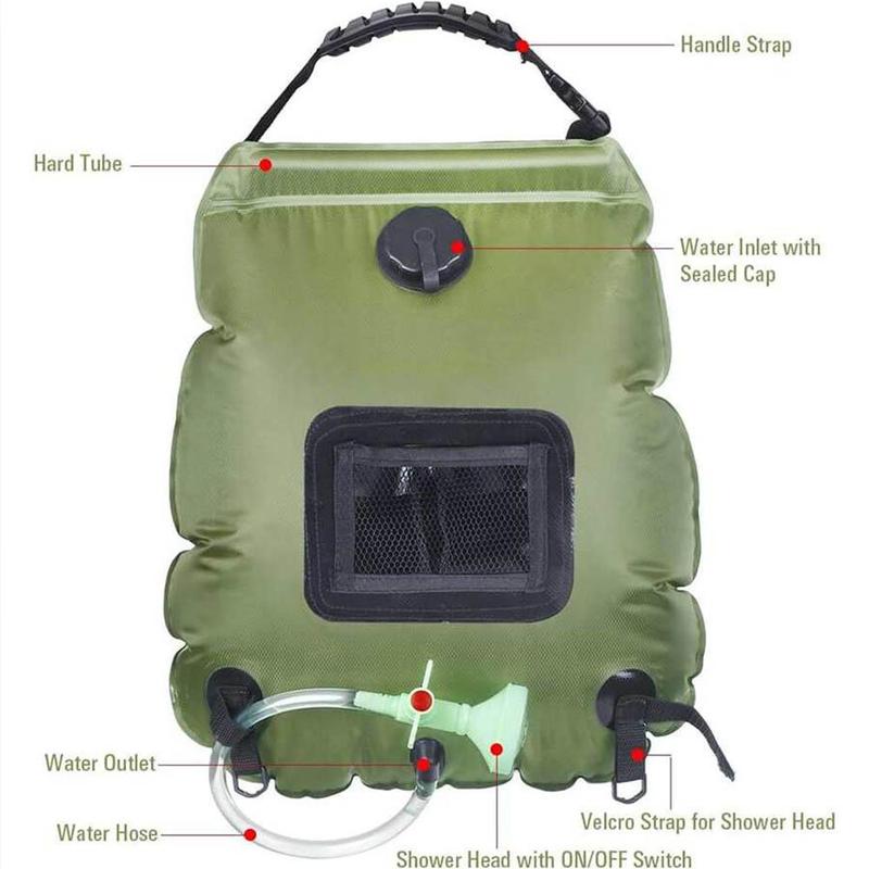 Product Introduction of Solar Shower Bag 20L Outdoor Solar Heating Premium Camping Shower Bag Hot Water Temperature 45°C with Removable Hose Shower Head 19
