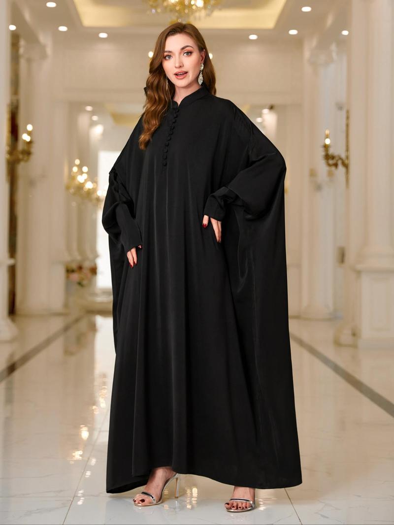 Product Introduction of Women's Solid Button Front Batwing Sleeve Abaya Dress, Elegant Button Decor Cuff Long Sleeve Stand Collar Maxi Muslim Dress for Party Holiday Wedding Guest, Ladies Fall & Winter Clothes 2