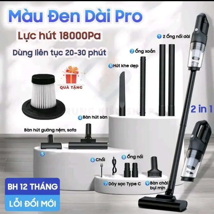 Máy hút bụi cầm tay - Không dây - 4 đầu hút phù hợp mọi nhu cầu vệ sinh. Lực hút 18.000pa. Pin 30 phút. Bảo hành 12 tháng. Trải nghiệm 7 ngày miễn phí Làm Sạch