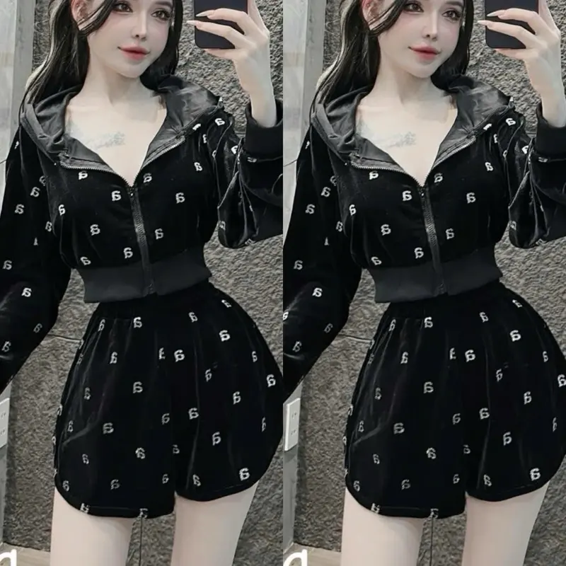 L017- Sét nhung 2 món đính đá siêu sang gồm áo khoác dây kéo tay dài phối quần lưng chun (38-55kg) Nữ Women 0