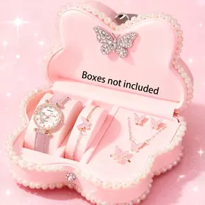 Jam Tangan Casual Wanita Tali Jam Tangan Kulit Set Kalung Kupu-kupu Hadiah Untuk Wanita(Tanpa Kotak)