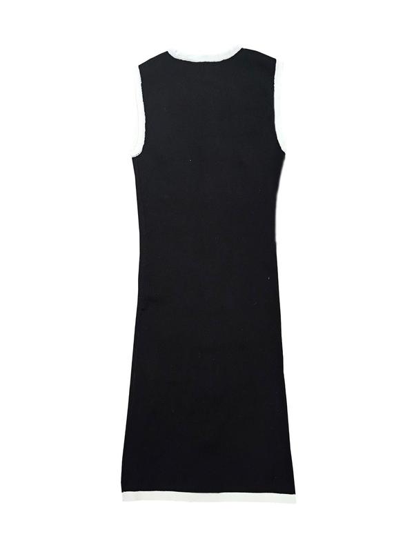 Women's Colorblock Faux Pearl Decor Button Front Pocket Tank Dress, Dresses for Women, Elegant Contrast Binding Sleeveless Round Neck Short Dress for Vacation Holiday Party, Ladies Summer Clothes, Fancy Dress, Summer Dresses 2025 1