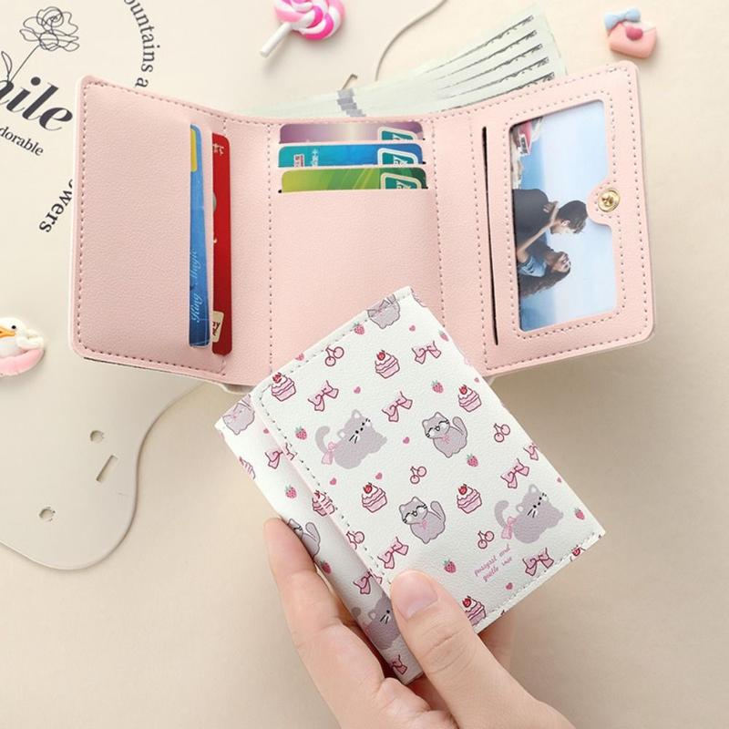 Ví ngắn, da PU dễ thương, thiết kế hoạt hình mèo Kitty, với Thắt Nơ ví đựng tiền Xu, thích hợp cho sinh viên, túi tiền 4