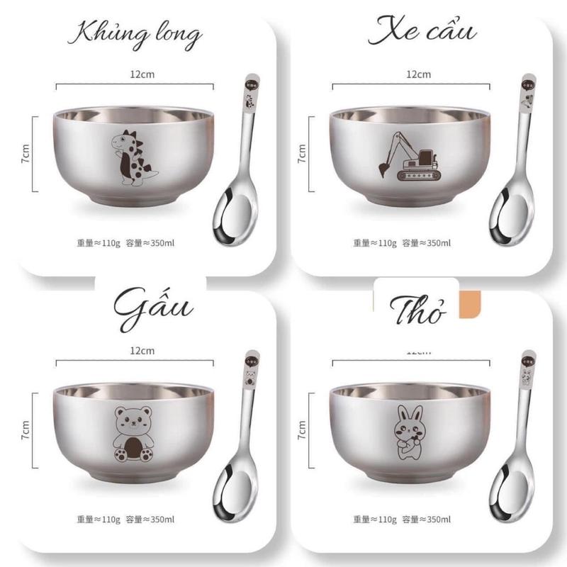 Bát Kèm Thìa Hình Con vật Dễ Thương Chất Liệu Inox 304 Chống Rỉ Cao Cấp Cho Bé,Bát Kèm Thìa Đựng Thức Ăn Cho Bé Kem
