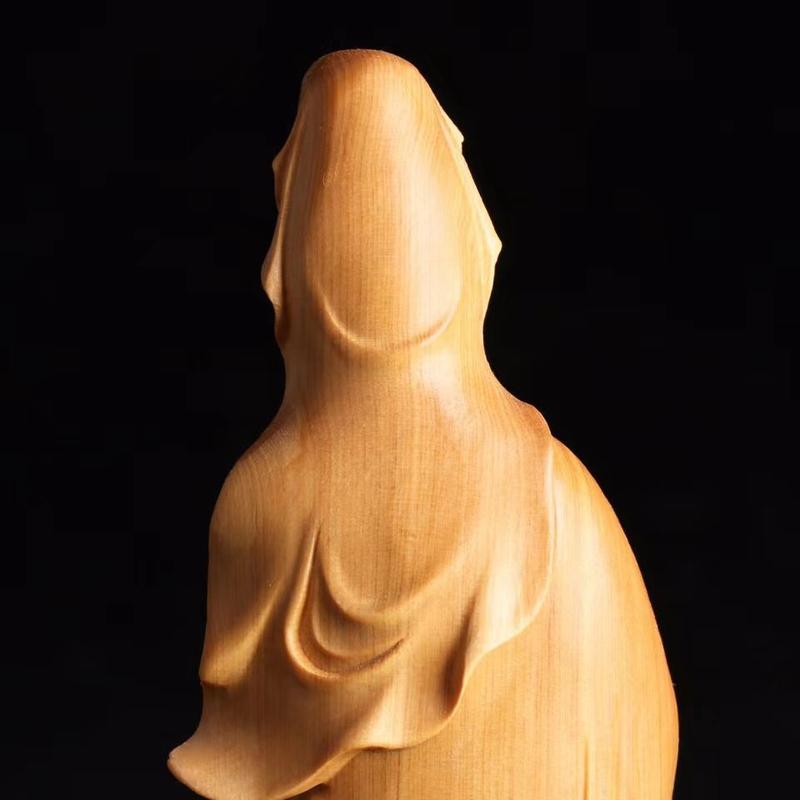 Product Introduction of Cliff Cypress Wood Carving Guanyin Buddha Statue Ornament Standing Statue Worship Household Solid Wood Guanyin Smiling Face Guanyin 7