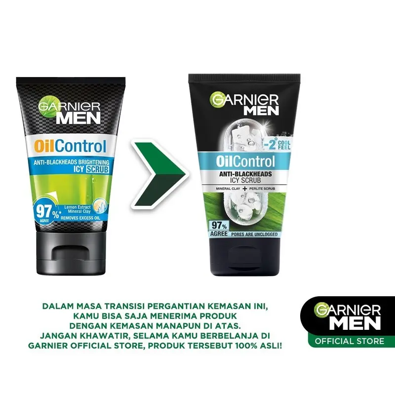(PAKET HEMAT ISI 2) Garnier Men Oil Control Anti Blackheads Brightening Icy Scrub Facial Cleanser Skin Care - 100ml 1